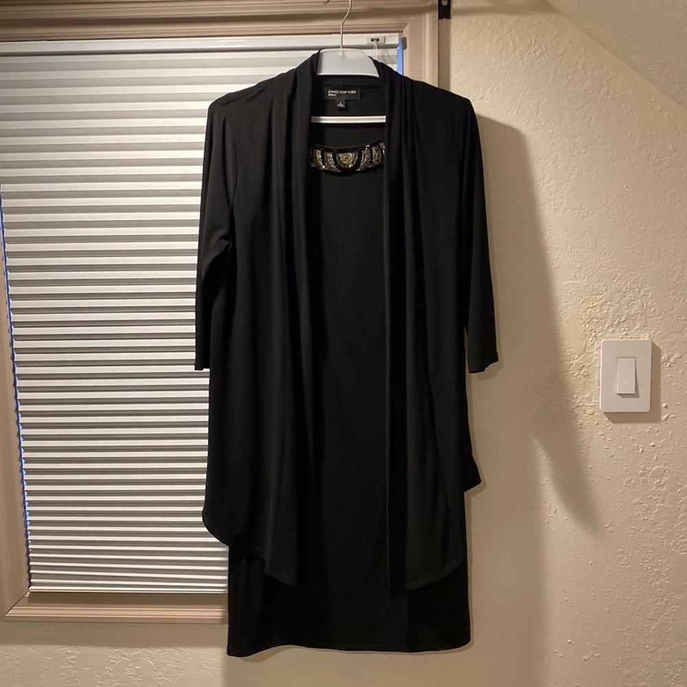 Jones New York Dress Black with beads and attached long jacket.